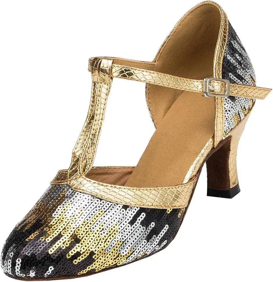 TDA Womens Comfort T-Strap Glitter Sequins Latin Modern Salsa Tango Ballroom Wedding Dance Shoes