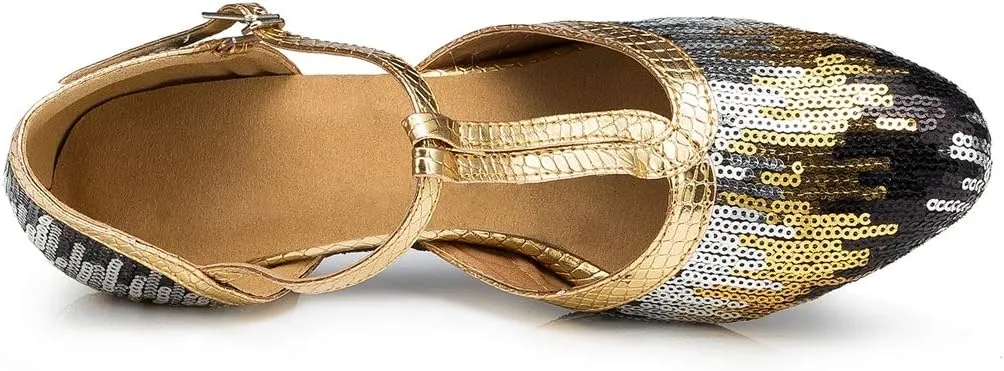 TDA Womens Comfort T-Strap Glitter Sequins Latin Modern Salsa Tango Ballroom Wedding Dance Shoes