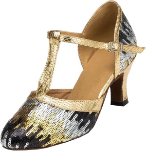 TDA Womens Comfort T-Strap Glitter Sequins Latin Modern Salsa Tango Ballroom Wedding Dance Shoes