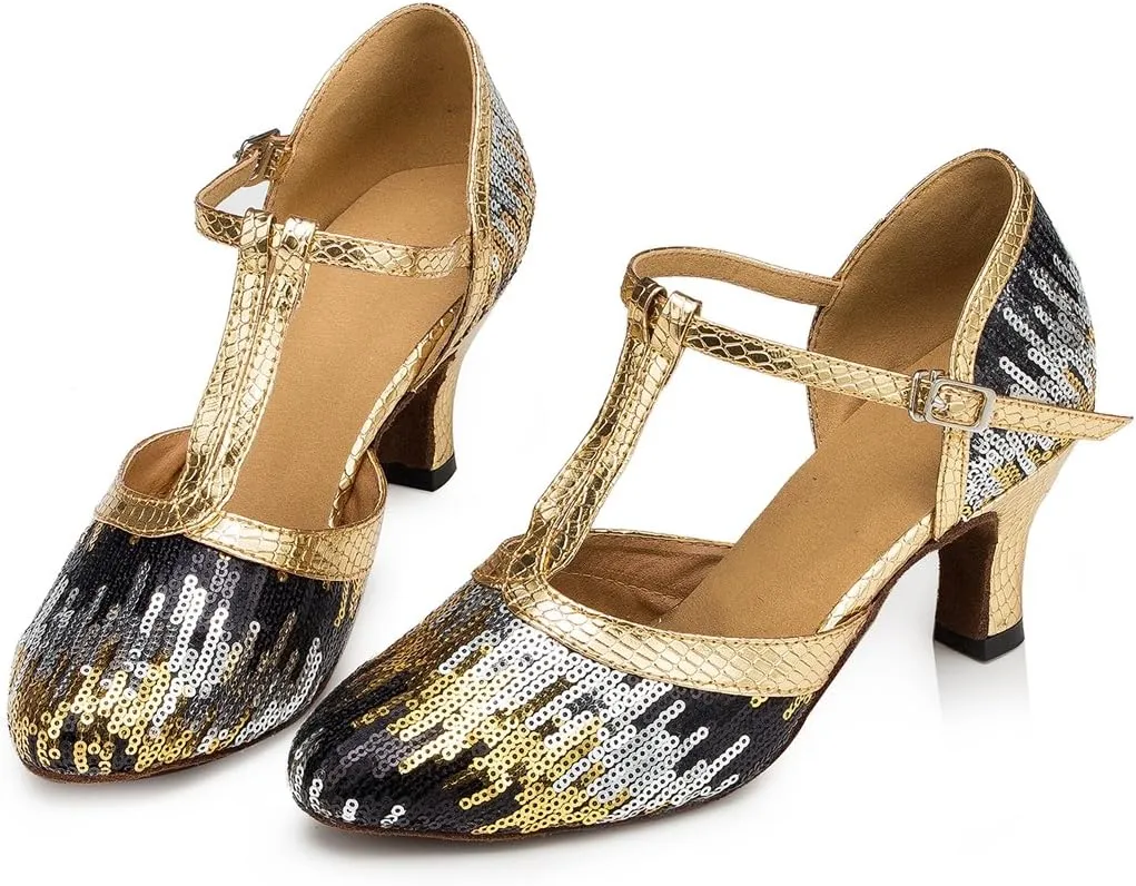 TDA Womens Comfort T-Strap Glitter Sequins Latin Modern Salsa Tango Ballroom Wedding Dance Shoes