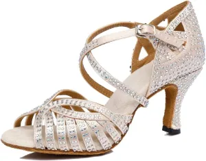 TDA Women's Fashion Cross Strap Satin Rhinestones Salsa Tango Ballroom Latin Modern Wedding Dance Shoes
