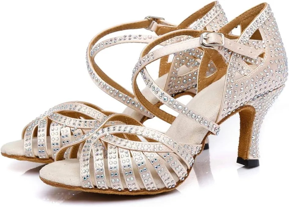 TDA Women's Fashion Cross Strap Satin Rhinestones Salsa Tango Ballroom Latin Modern Wedding Dance Shoes