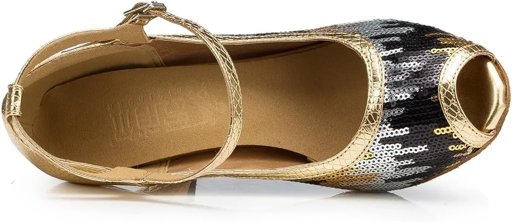 TDA Womens Peep Toe Mary Janes Sequins Latin Modern Salsa Tango Ballroom Wedding Dance Shoes