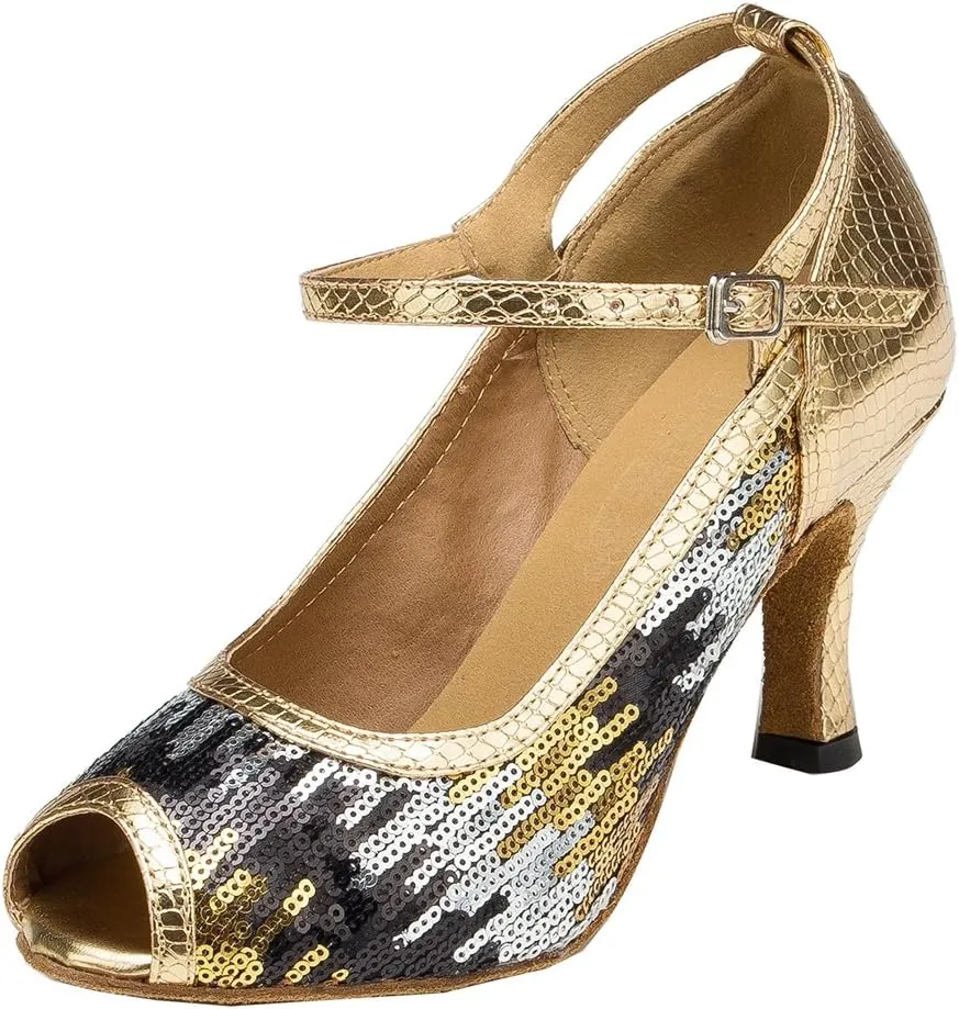 TDA Womens Peep Toe Mary Janes Sequins Latin Modern Salsa Tango Ballroom Wedding Dance Shoes