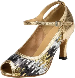 TDA Womens Peep Toe Mary Janes Sequins Latin Modern Salsa Tango Ballroom Wedding Dance Shoes