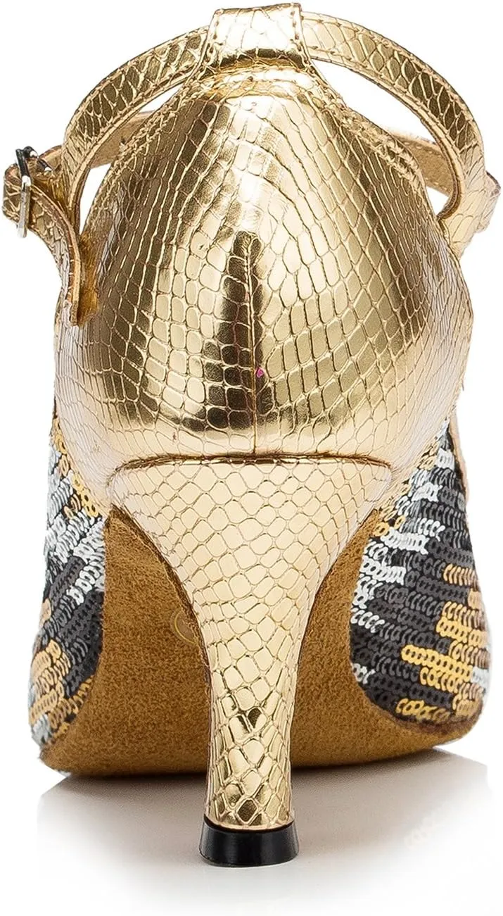 TDA Womens Peep Toe Mary Janes Sequins Latin Modern Salsa Tango Ballroom Wedding Dance Shoes