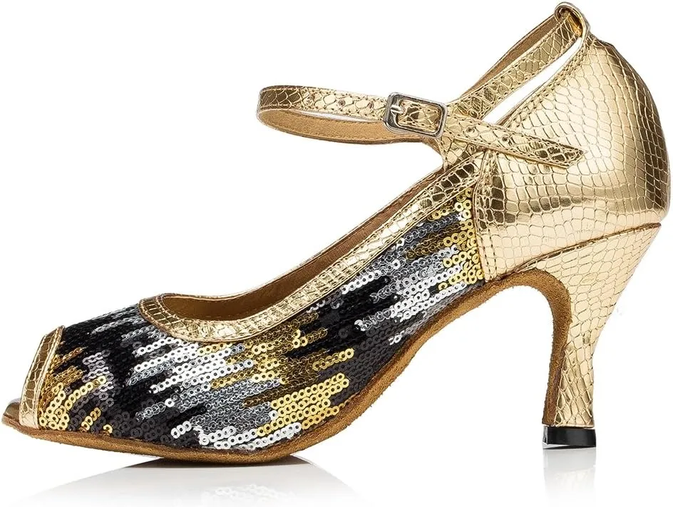 TDA Womens Peep Toe Mary Janes Sequins Latin Modern Salsa Tango Ballroom Wedding Dance Shoes