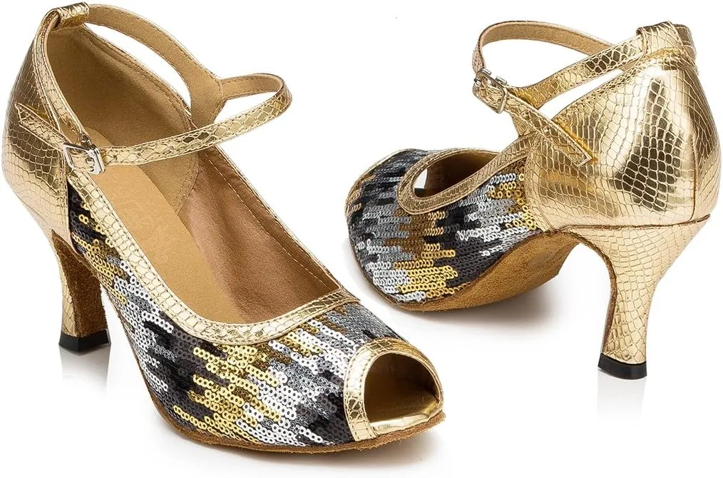 TDA Womens Peep Toe Mary Janes Sequins Latin Modern Salsa Tango Ballroom Wedding Dance Shoes