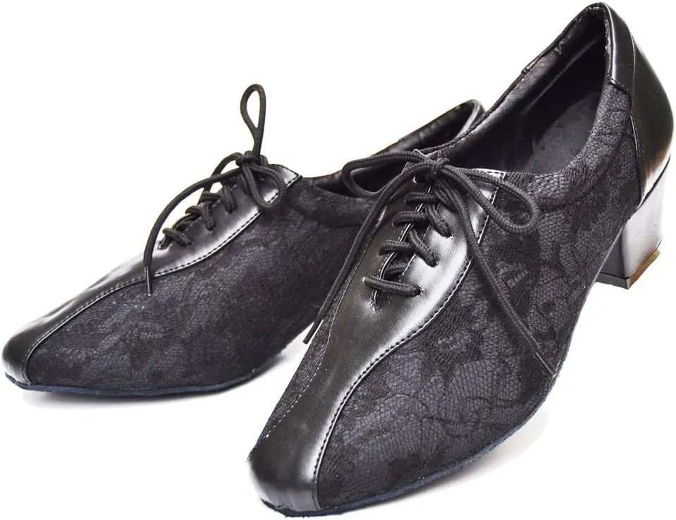 TDA Women's SM1896 Comfort Chunky Heel Lace Leather Salsa Tango Ballroom Latin Modern Dance Shoes