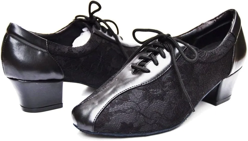 TDA Women's SM1896 Comfort Chunky Heel Lace Leather Salsa Tango Ballroom Latin Modern Dance Shoes