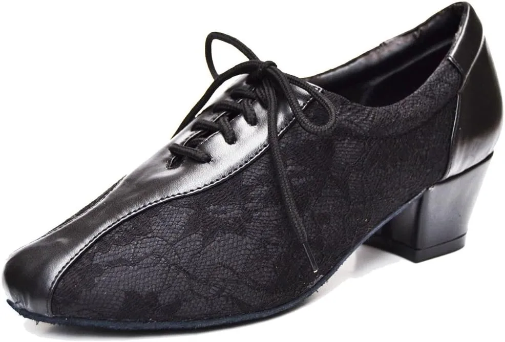 TDA Women's SM1896 Comfort Chunky Heel Lace Leather Salsa Tango Ballroom Latin Modern Dance Shoes
