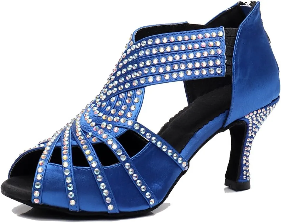 TDA Womens Zipper & Slip-on Flared Heel Glitter Crystals Latin Modern Salsa Tango Ballroom Wedding Dance Shoes