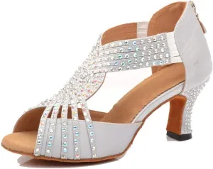 TDA Womens Zipper Flared Heel Silver Satin Crystals Latin Modern Salsa Tango Ballroom Wedding Dance Shoes 10 M US