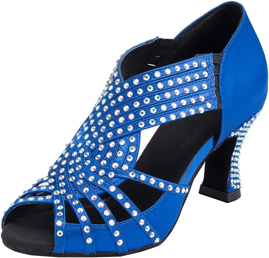 TDA Womens Zipper Mid Heel Blue Satin Crystals Latin Modern Salsa Tango Ballroom Wedding Dance Shoes 4 M US