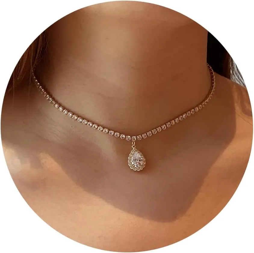 Tennis Necklaces for Women Sparkly Choker Teardrop Heart Cross Pendant Necklace Silver/Gold Filled Faux Diamond Necklaces Jewelry