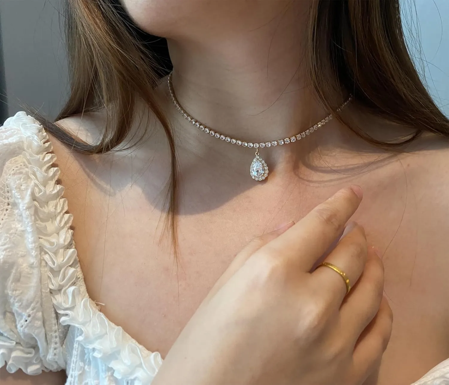 Tennis Necklaces for Women Sparkly Choker Teardrop Heart Cross Pendant Necklace Silver/Gold Filled Faux Diamond Necklaces Jewelry