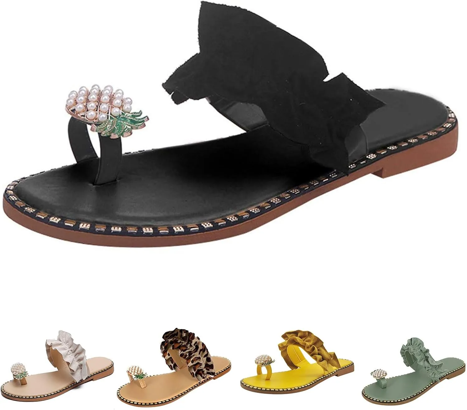 Thong Sandals for Women 2025 Dressy Pineapple Pearl Decoration Open Toe Flats Casual Summer Flip Flops Lightweight Walking Shoes for Beach Vacation Ladies Slip On Slippers