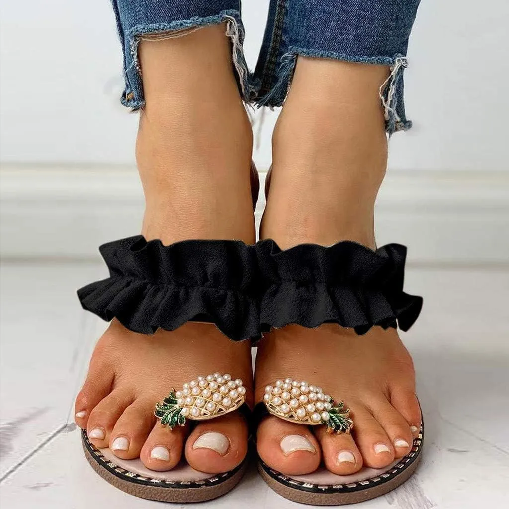 Thong Sandals for Women 2025 Dressy Pineapple Pearl Decoration Open Toe Flats Casual Summer Flip Flops Lightweight Walking Shoes for Beach Vacation Ladies Slip On Slippers