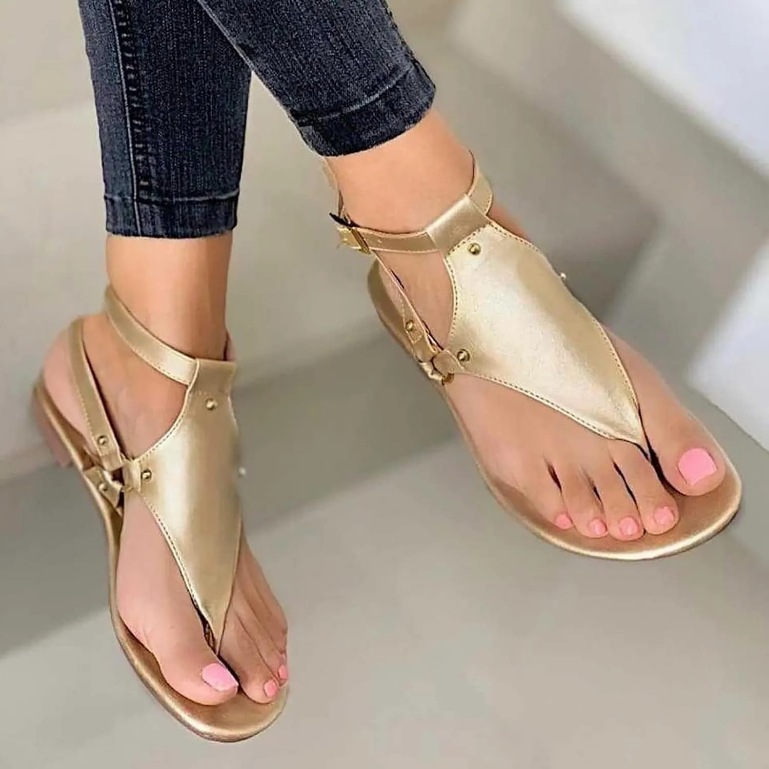 Thong Sandals for Women Summer Boho Beach Sandal Dressy Open Toe Sandals Buckle Ankle Strap Retro Non Slip Flip-Flops Comfortable Casual Walking Shoes