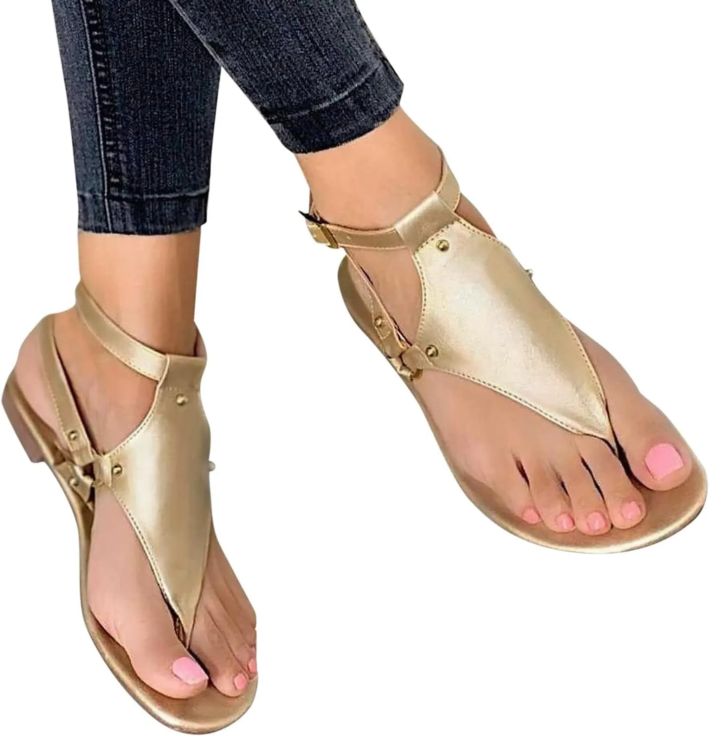 Thong Sandals for Women Summer Boho Beach Sandal Dressy Open Toe Sandals Buckle Ankle Strap Retro Non Slip Flip-Flops Comfortable Casual Walking Shoes