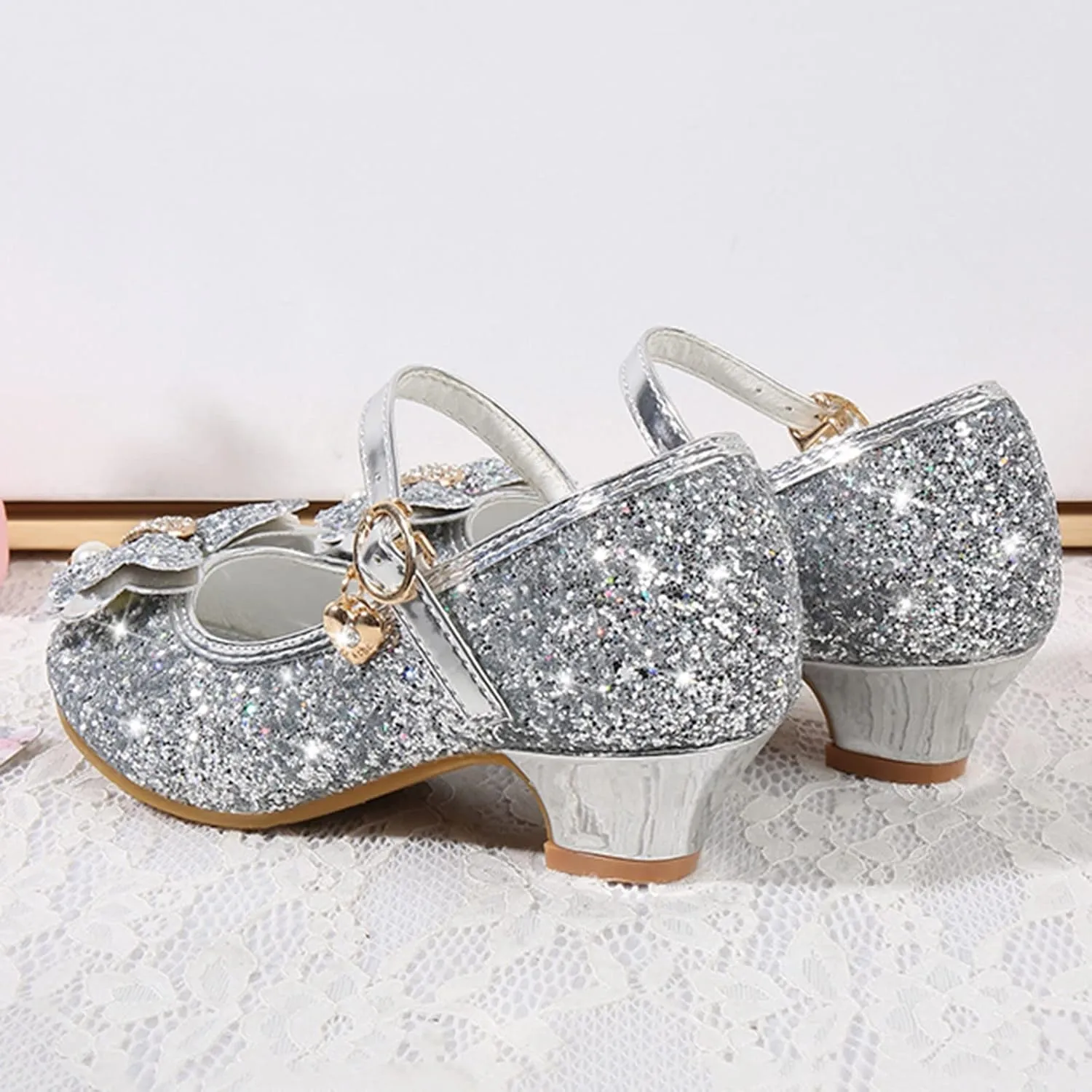 Toddler Kid Mary Jane Shoes Girls Dress Pumps Glitter Sequins Princess Bowknot Low Heels Dance Wedding Single Sandals