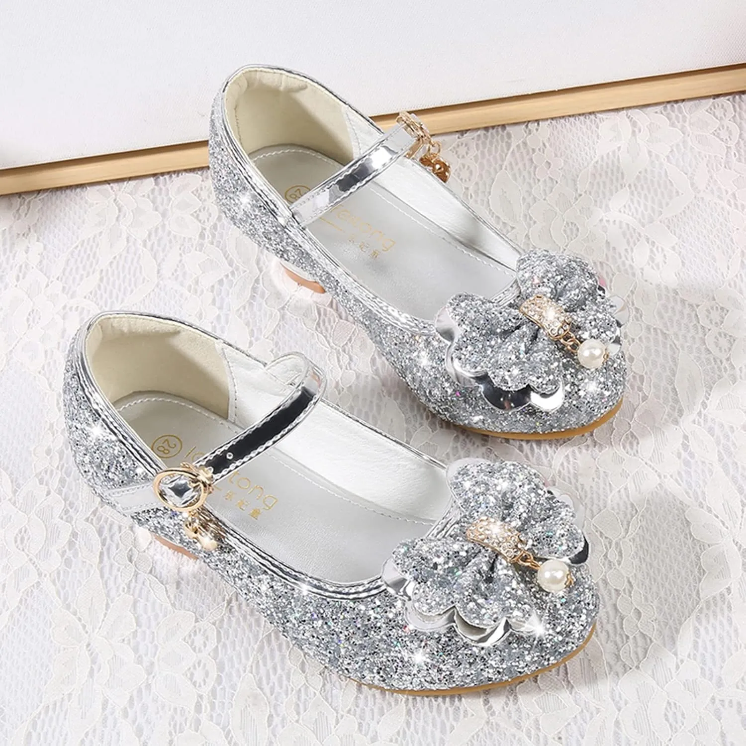 Toddler Kid Mary Jane Shoes Girls Dress Pumps Glitter Sequins Princess Bowknot Low Heels Dance Wedding Single Sandals