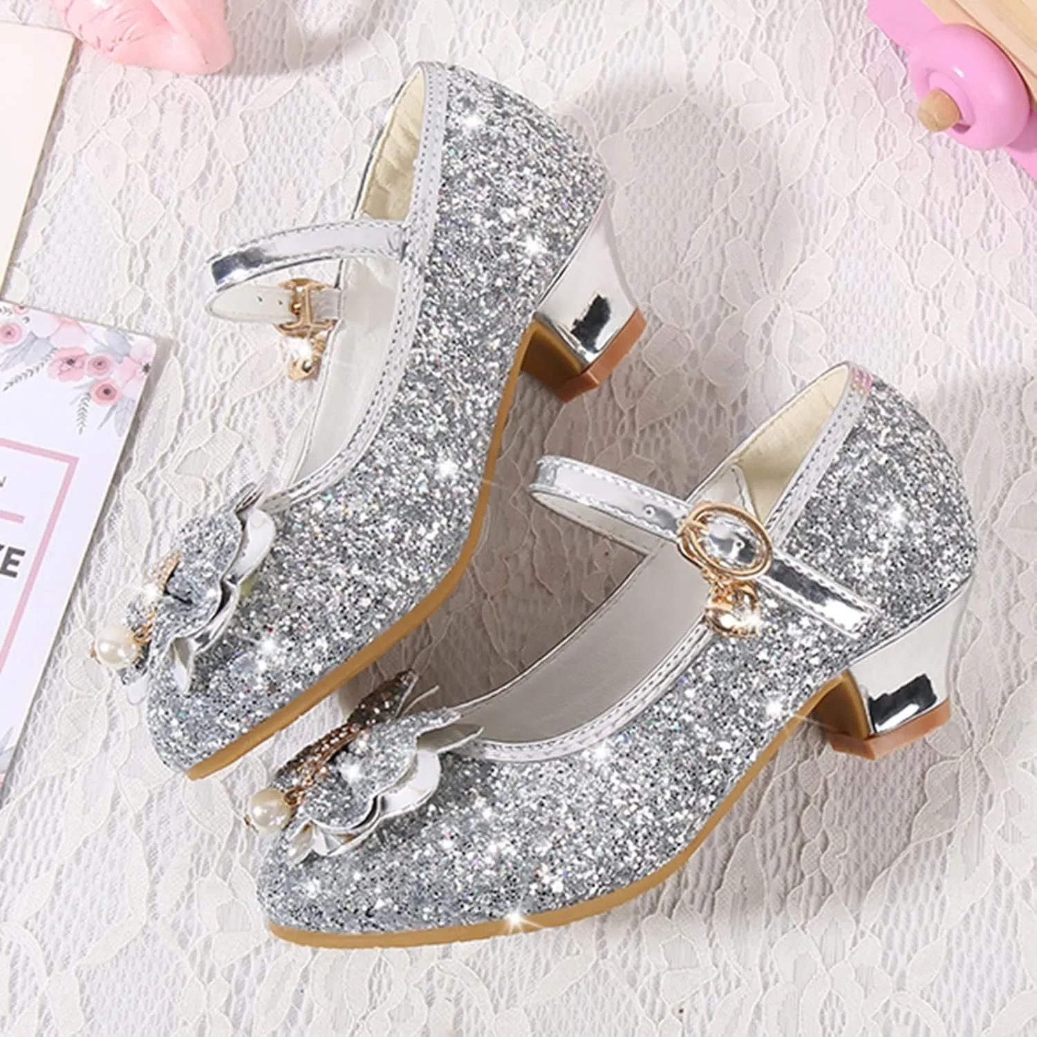 Toddler Kid Mary Jane Shoes Girls Dress Pumps Glitter Sequins Princess Bowknot Low Heels Dance Wedding Single Sandals