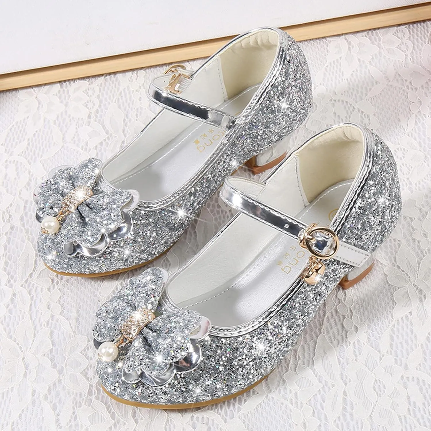 Toddler Kid Mary Jane Shoes Girls Dress Pumps Glitter Sequins Princess Bowknot Low Heels Dance Wedding Single Sandals