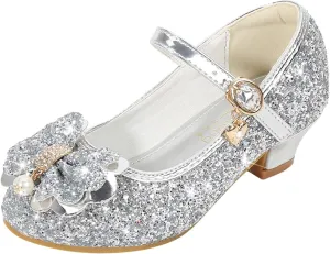 Toddler Kid Mary Jane Shoes Girls Dress Pumps Glitter Sequins Princess Bowknot Low Heels Dance Wedding Single Sandals