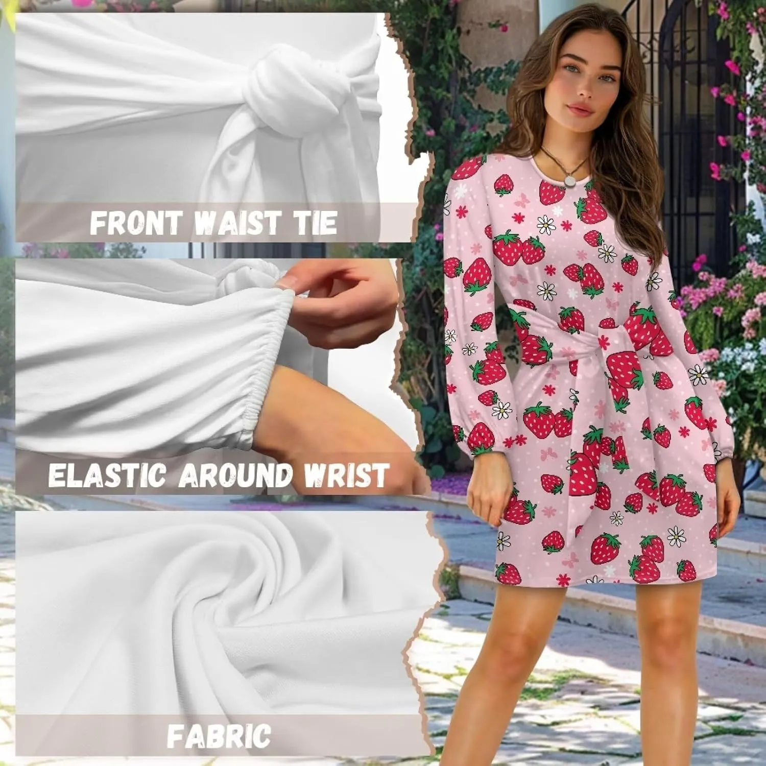 TODIYADDU Women's Spring Fall Dresses Fashion Dress with Belt Trendy Midi Dress for Women Long Lantern Sleeve Short Dress