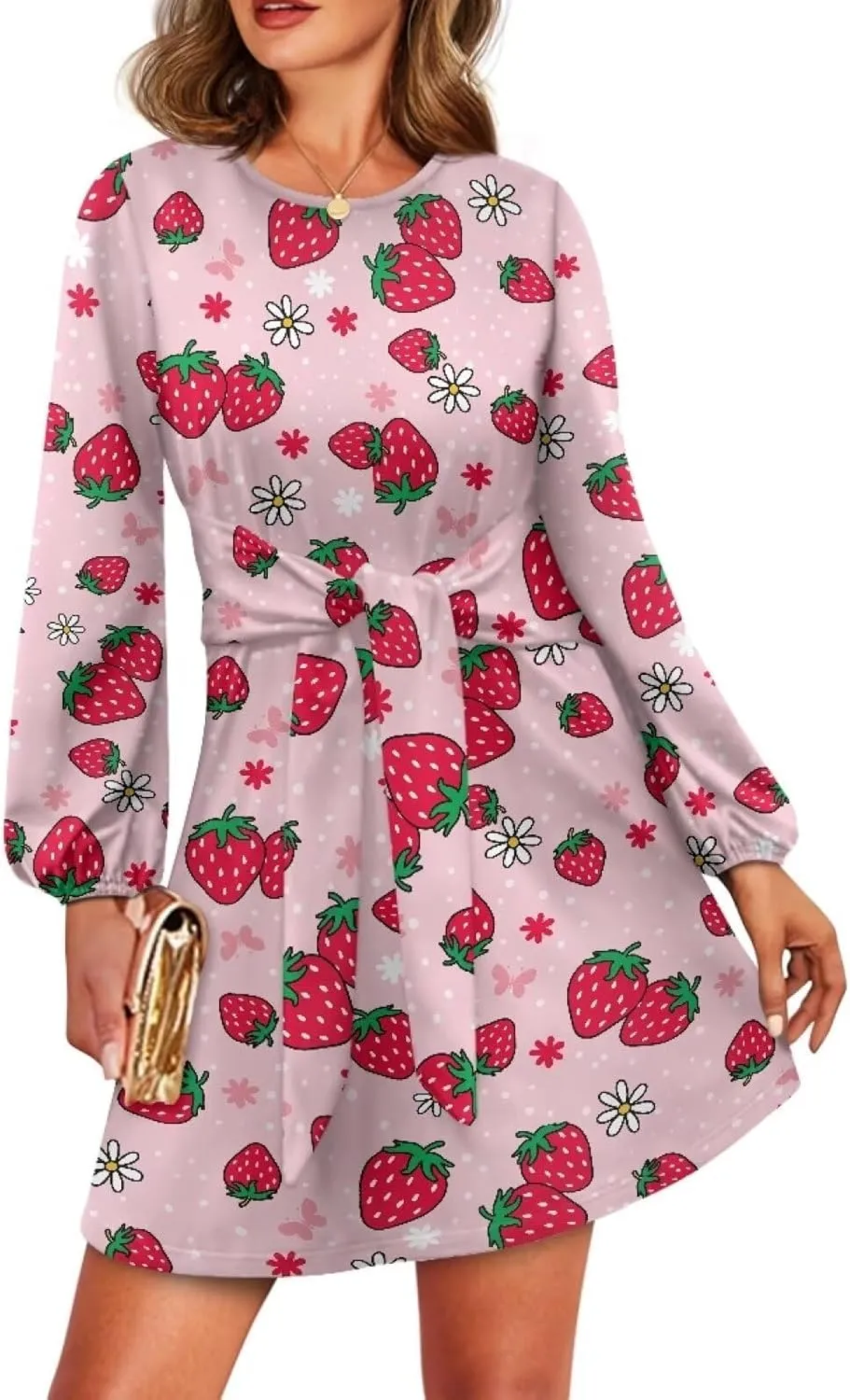 TODIYADDU Women's Spring Fall Dresses Fashion Dress with Belt Trendy Midi Dress for Women Long Lantern Sleeve Short Dress
