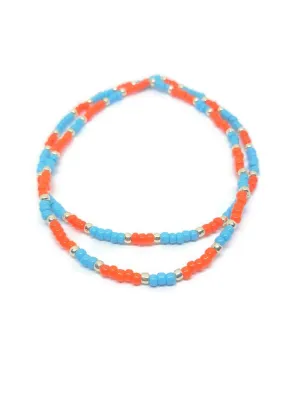 Turquoise, orange, and silver elastic cord anklets. Minimalist seed bead stretch ankle bracelets. Contrasting colors anklets. 2 piece set