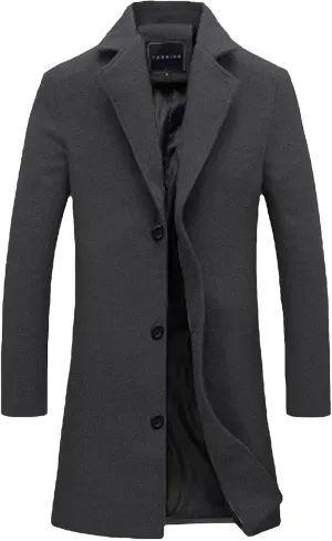 Uillui Mens Casual Trench Coat Wool Blend Slim Fit 3/4 Length Top Coat Windbreaker Winter Long Coat Single Breasted Overcoat