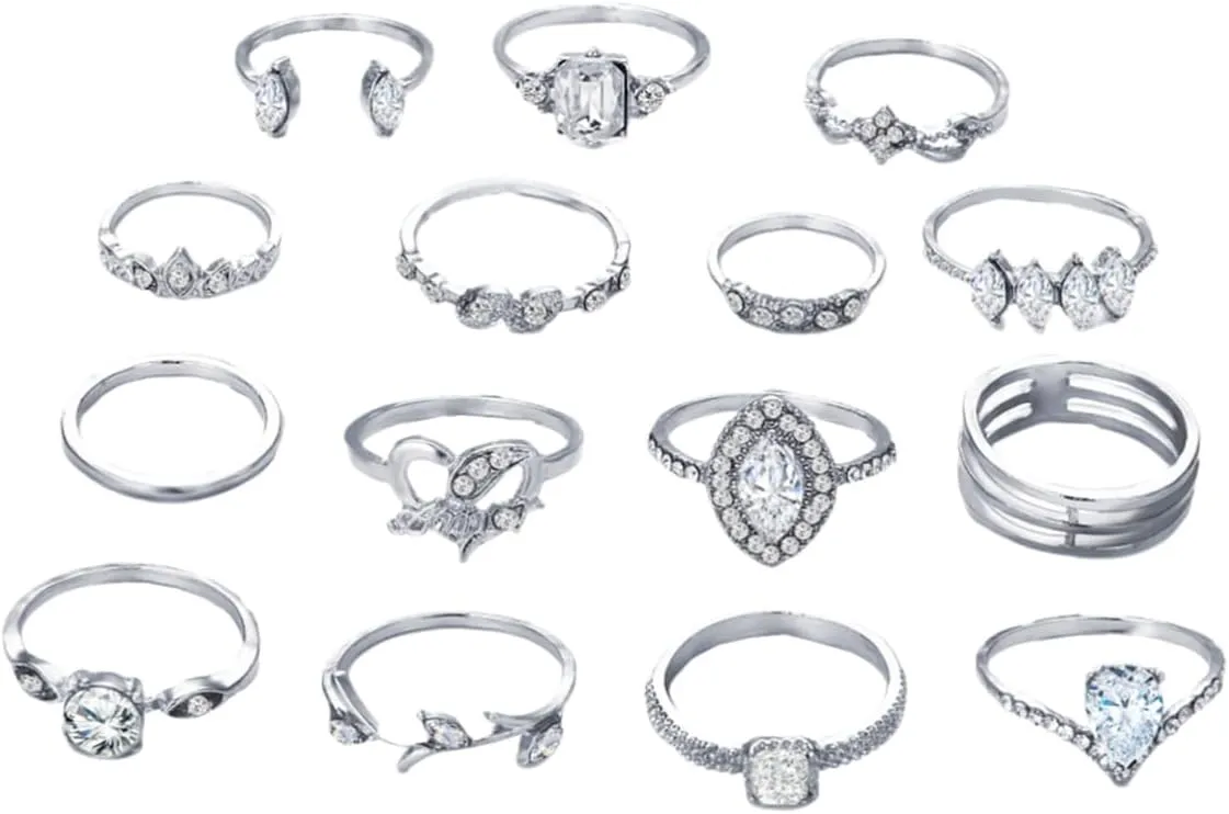 Unique Hollow Diamond Ring Set 15pcs Finger Rings Stackable Finger Cz Fashionable Joint