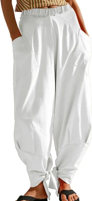 utcoco Womens Baggy Stretchy High Waisted Harem Pants Casual Loose Fit Tie Knot Cotton Sweatpants with Pockets