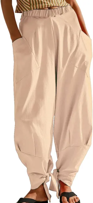 utcoco Womens Baggy Stretchy High Waisted Harem Pants Casual Loose Fit Tie Knot Cotton Sweatpants with Pockets
