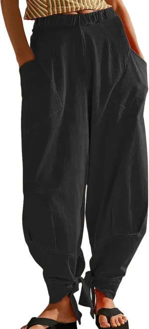 utcoco Womens Baggy Stretchy High Waisted Harem Pants Casual Loose Fit Tie Knot Cotton Sweatpants with Pockets