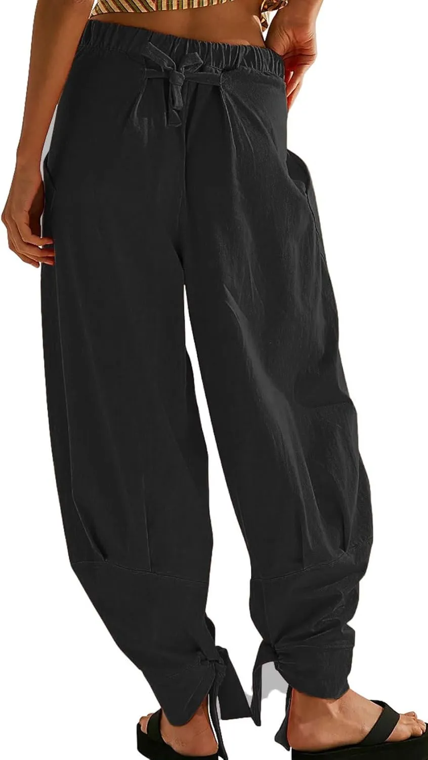 utcoco Womens Baggy Stretchy High Waisted Harem Pants Casual Loose Fit Tie Knot Cotton Sweatpants with Pockets