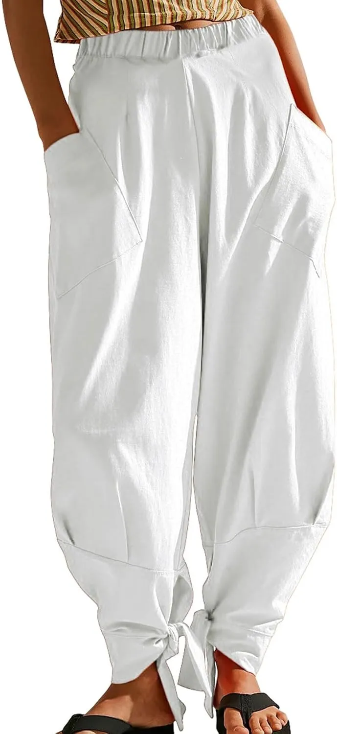 utcoco Womens Baggy Stretchy High Waisted Harem Pants Casual Loose Fit Tie Knot Cotton Sweatpants with Pockets