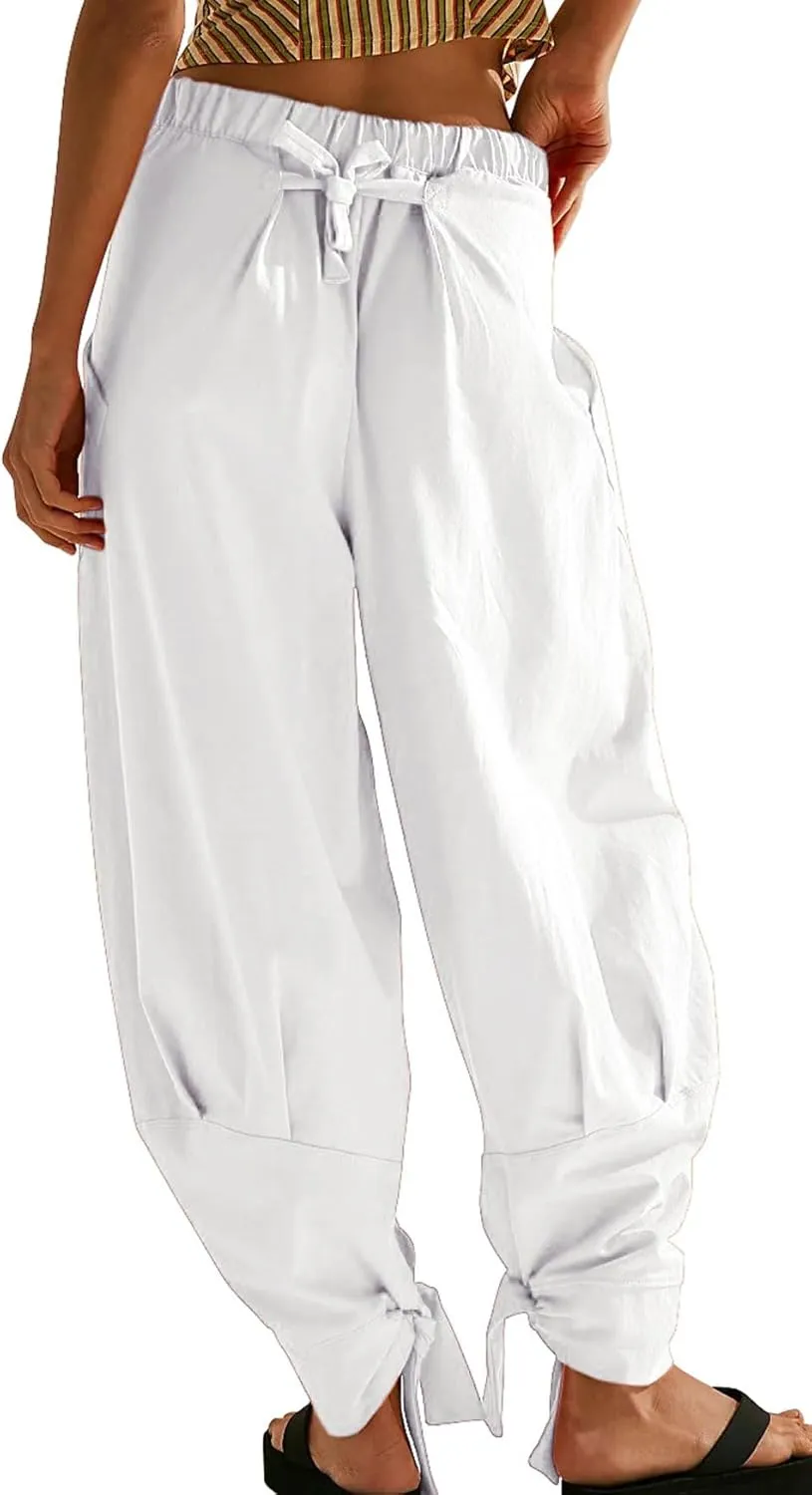 utcoco Womens Baggy Stretchy High Waisted Harem Pants Casual Loose Fit Tie Knot Cotton Sweatpants with Pockets