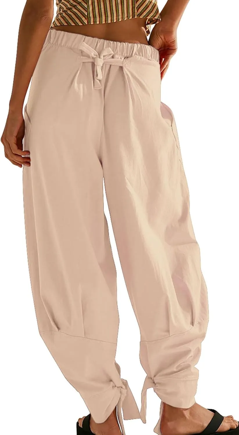 utcoco Womens Baggy Stretchy High Waisted Harem Pants Casual Loose Fit Tie Knot Cotton Sweatpants with Pockets