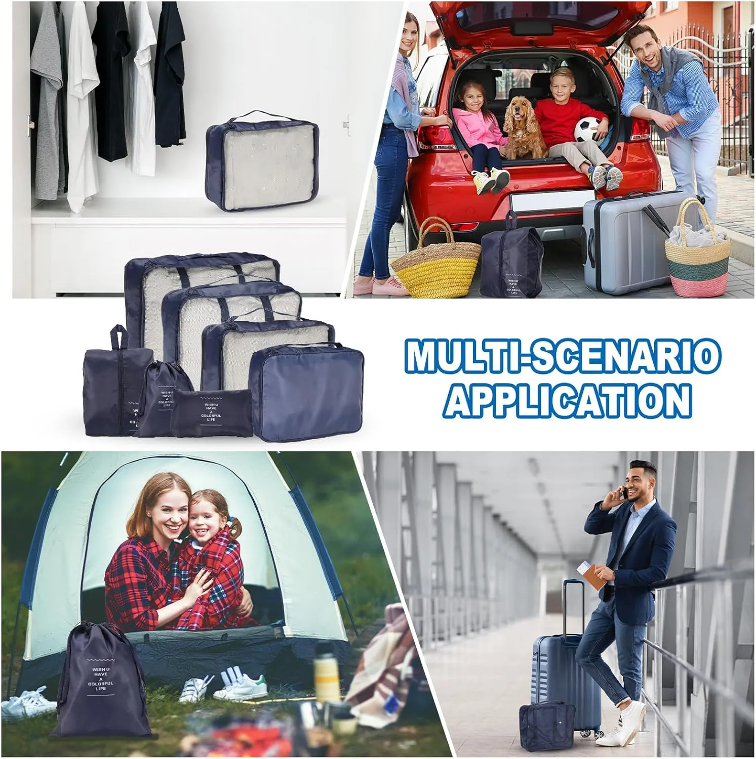 uxcell 7Set Travel Packing Cube, Travel Bags Organizer Luggage Organizer Bags Lightweight Compression Cube Travel Essentials with Shoe Bag for Outdoor Carry on Suitcases, Navy