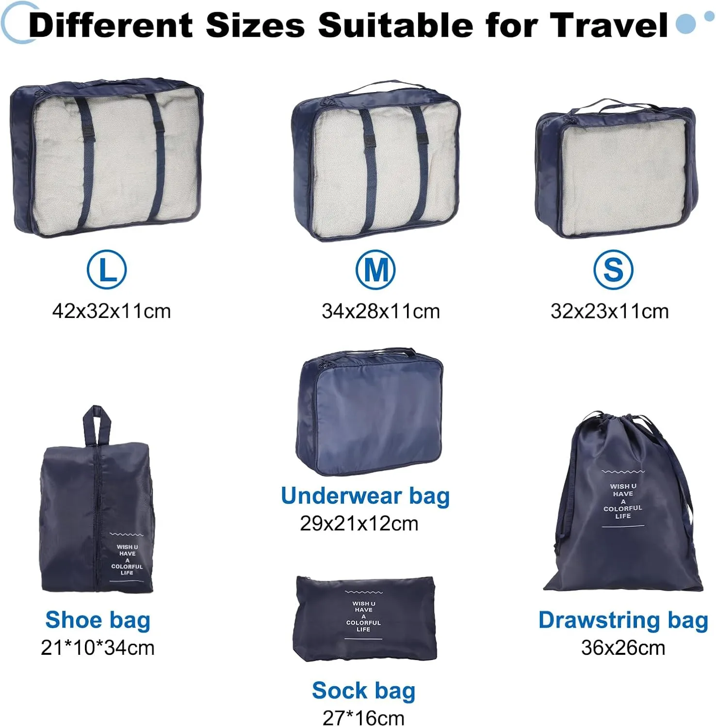 uxcell 7Set Travel Packing Cube, Travel Bags Organizer Luggage Organizer Bags Lightweight Compression Cube Travel Essentials with Shoe Bag for Outdoor Carry on Suitcases, Navy
