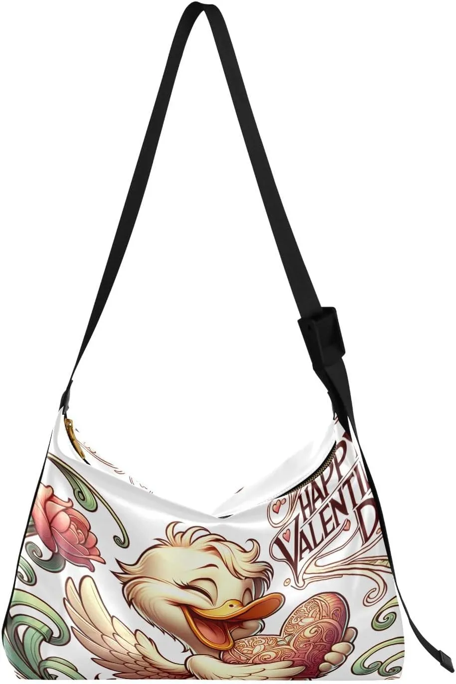 Valentines Day White Duck Hobo Crossbody Bags for Women Leather Large Shoulder Bag Cross Body Love Heart Flower Trendy Womens Tote Bags Handbag for Travel Shopping