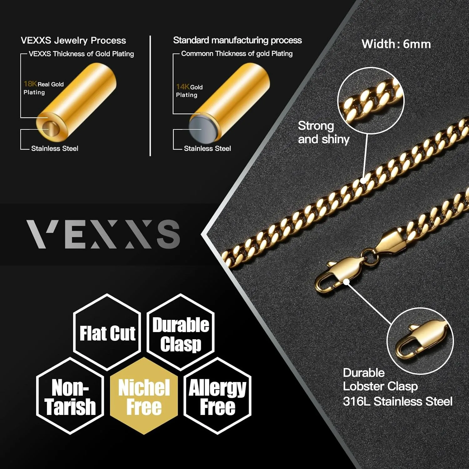 VEXXS Men's Bracelet Flat Cut, 18K Real Gold Plated Miami Cuban Link Bracelet for Men, Diamond Cut Durable No Color Fading Cuban 6mm Mens Gold Bracelet Street Wear Urban Fashion