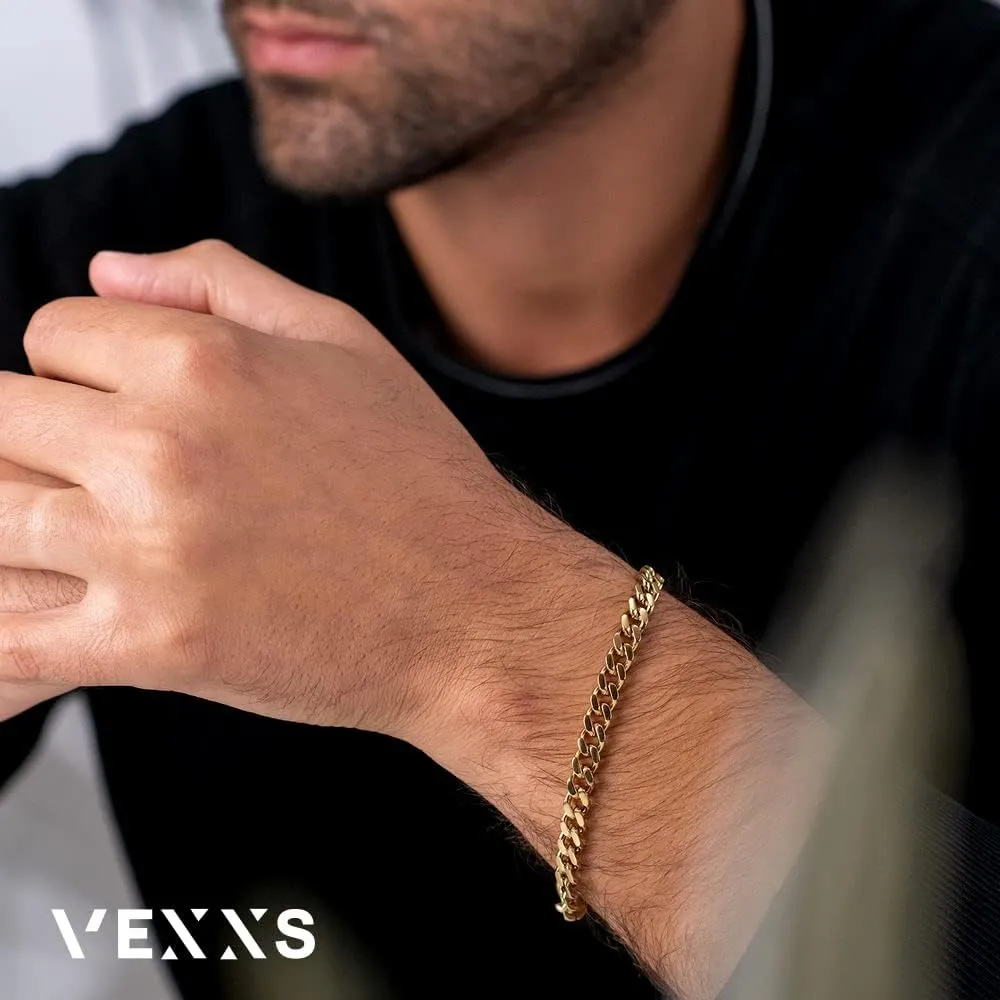 VEXXS Men's Bracelet Flat Cut, 18K Real Gold Plated Miami Cuban Link Bracelet for Men, Diamond Cut Durable No Color Fading Cuban 6mm Mens Gold Bracelet Street Wear Urban Fashion