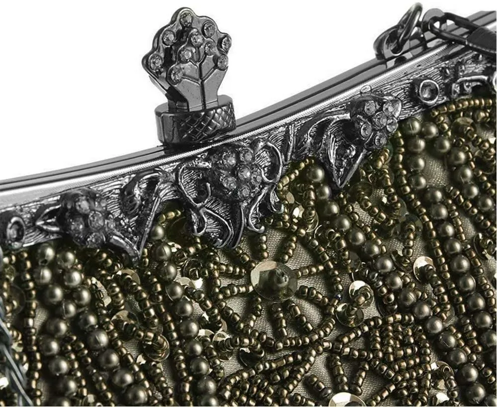 Vintage Beaded and Sequined Evening Bag for Women Formal Wedding Party Clutch Purse