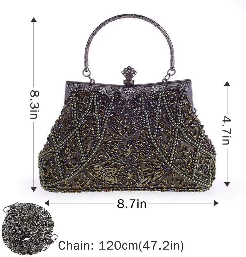Vintage Beaded and Sequined Evening Bag for Women Formal Wedding Party Clutch Purse