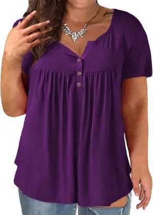 VISLILY Women's Plus Size Henley Shirts Flowy Summer Tops Pleated Buttons Up Tunics