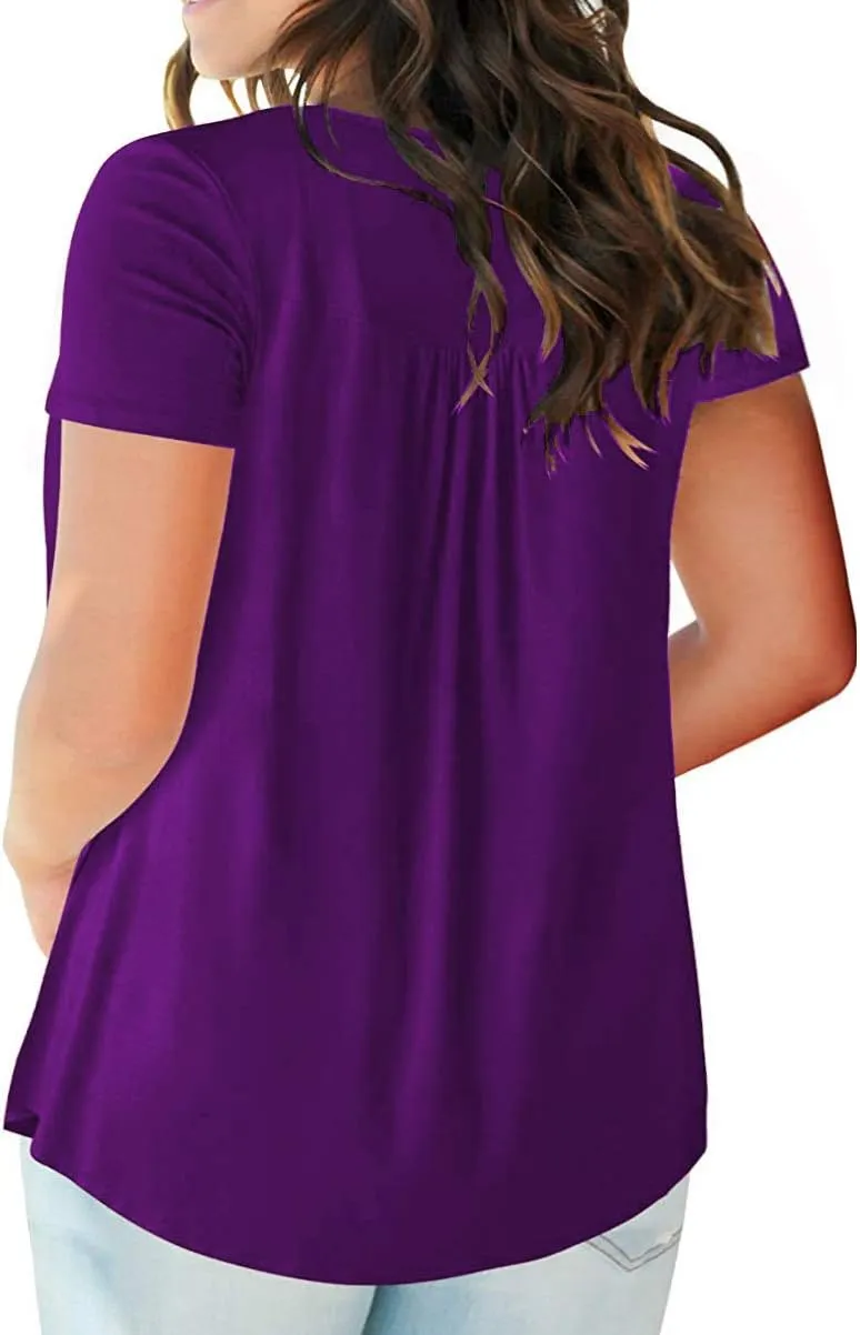 VISLILY Women's Plus Size Henley Shirts Flowy Summer Tops Pleated Buttons Up Tunics